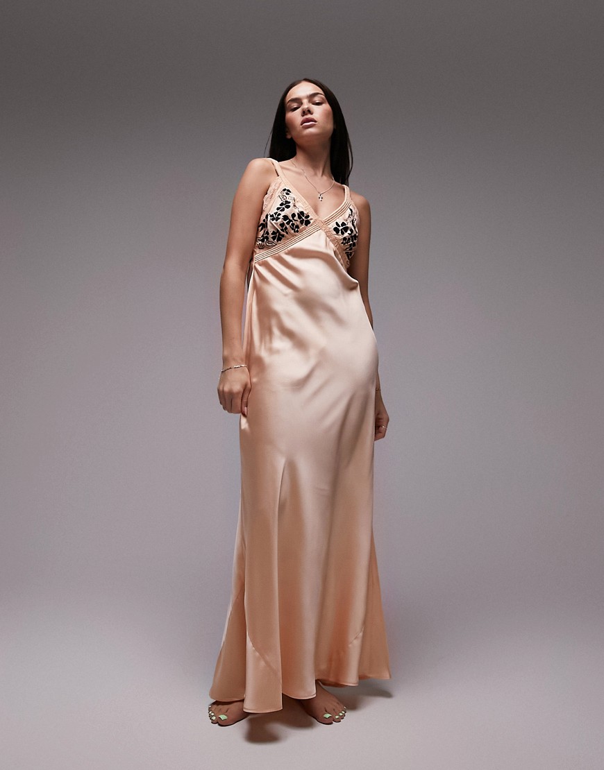 satin embroidered maxi slip dress in pink
