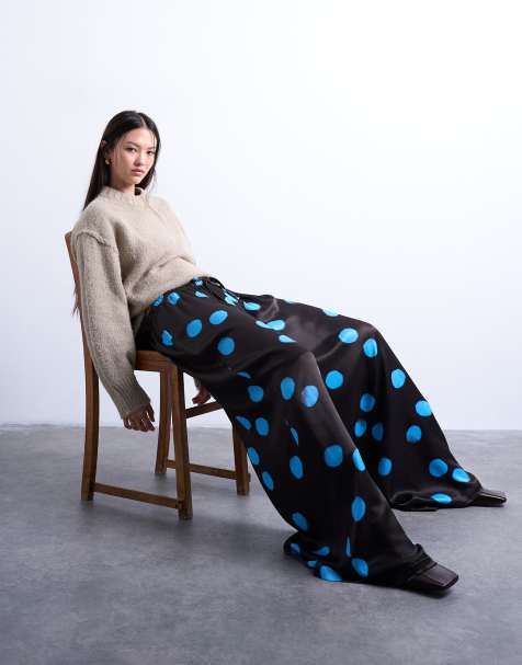 Topshop satin extreme wide leg pants in blue and brown polka dot - view 1