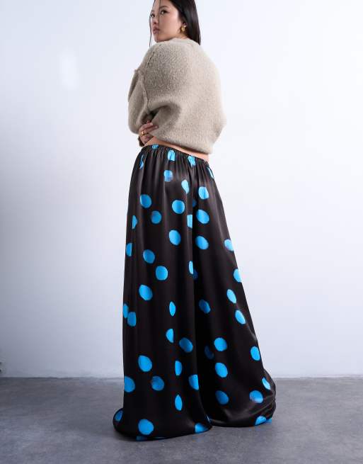 Topshop satin extreme wide leg pants in blue and brown polka dot, 4 of 5
