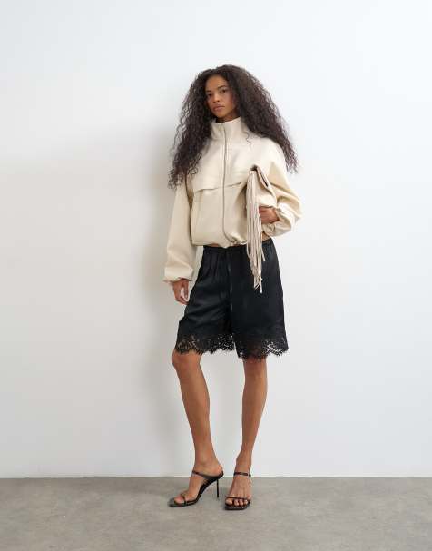 Topshop satin feel lace insert bermuda short in black - view 1