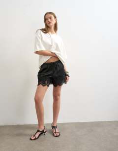 Satin feel lace insert short in black