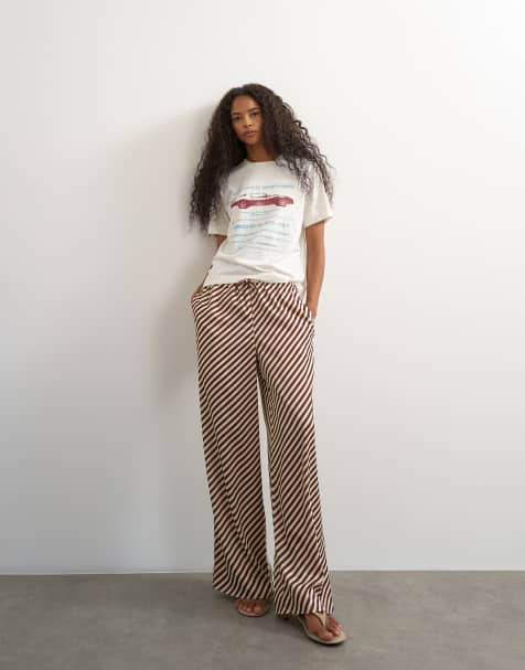 Topshop satin feel straight leg pants in burgundy stripe - view 1