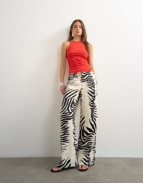 Topshop satin feel straight leg pants in zebra print - view 1