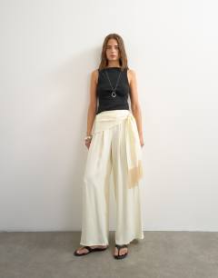 Satin feel wrap co-ord trouser with fringe detail in cream