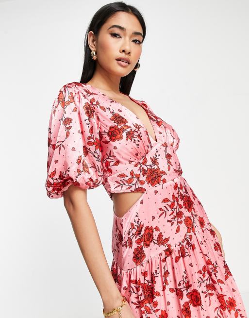 Topshop satin floral cut out occasion midi dress in pink