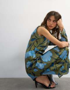 Model wearing Satin floral print asymmetric maxi dress in khaki