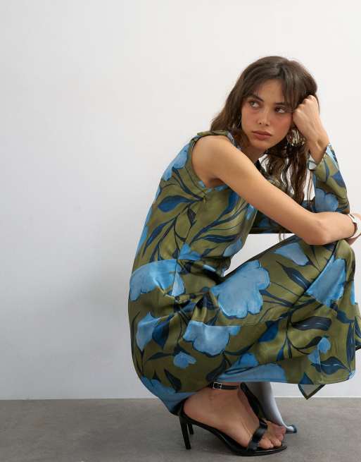 Topshop satin floral print asymmetric maxi dress in khaki, 2 of 4