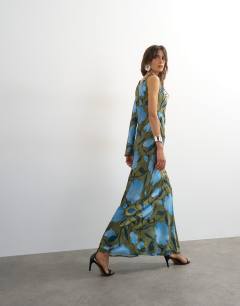 Model wearing Satin floral print asymmetric maxi dress in khaki