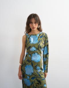 Model wearing Satin floral print asymmetric maxi dress in khaki