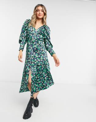 Topshop satin floral print midi dress in green | ASOS