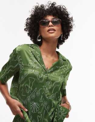 Topshop - Satin-Freizeithemd in Grün mit Palmenmuster, Kombiteil, Kombiteil