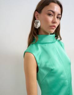 Model wearing Satin funnel neck barrel mini dress in spearmint green
