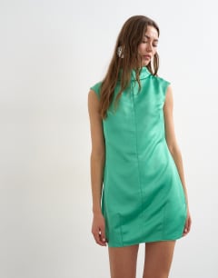 Model wearing Satin funnel neck barrel mini dress in spearmint green