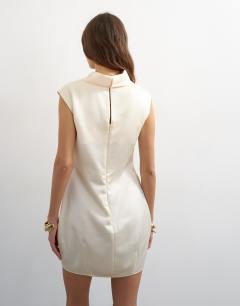 Model wearing Satin funnel neck tulip mini dress in off white