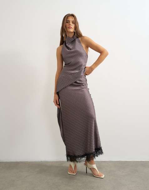Topshop satin geo print lace trim maxi skirt in brown -part of a set - view 1