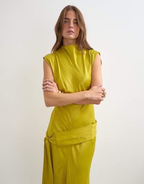 Topshop satin grown on neck dropped waist sash maxi dress in golden olive - view 1