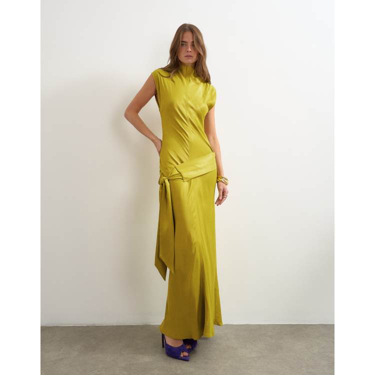 topshop gold satin dress grown on neck dropped waist sash maxi in golden olive BF24_SITEWIDE