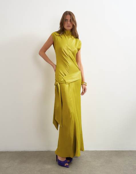Topshop satin grown on neck dropped waist sash maxi dress in golden olive
