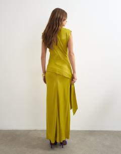 Model wearing Satin grown on neck dropped waist sash maxi dress in golden olive
