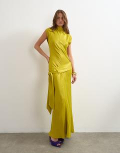 Model wearing Satin grown on neck dropped waist sash maxi dress in golden olive