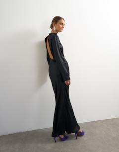 Satin grown on neck long sleeve maxi dress in black