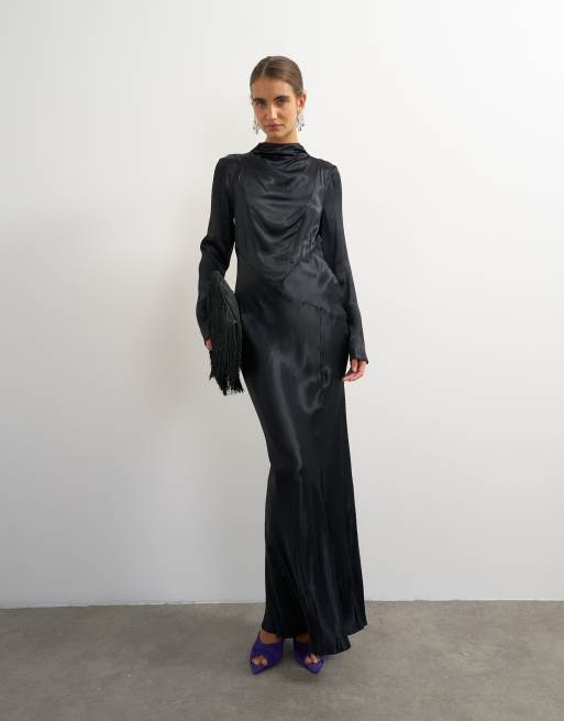 Topshop satin grown on neck long sleeve maxi dress in black, 2 of 4