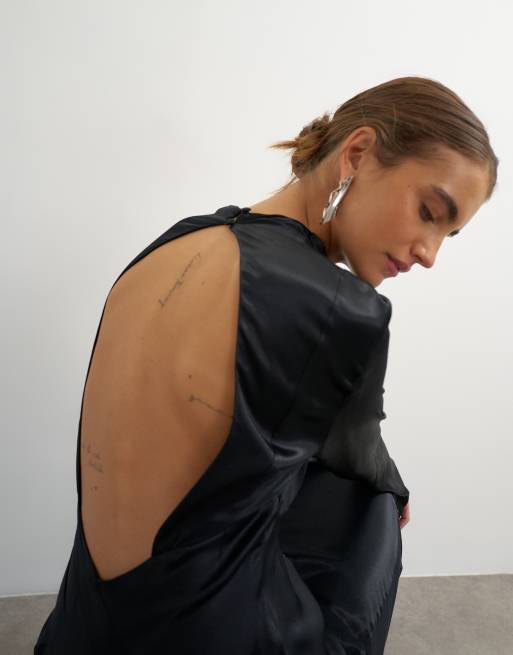 Topshop satin grown on neck long sleeve maxi dress in black, 3 of 4