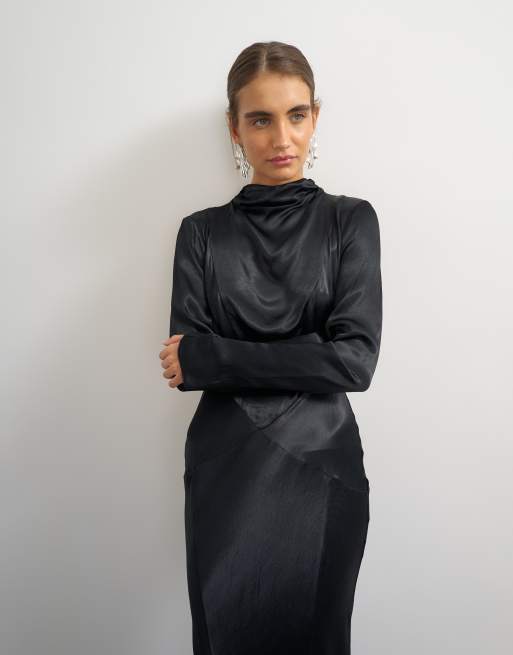 Topshop satin grown on neck long sleeve maxi dress in black, 4 of 4