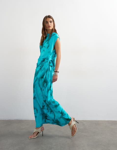 Topshop satin grown on neck tuck side maxi dress with open back in aqua floral - view 1