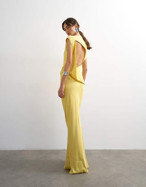open back yellow dress Andie Satin Maxi Shop American Threads Women's Trendy Online Boutique Blue / M Back Sequin Lace Detailing Ladies - Yellow Ruffled Open-Back