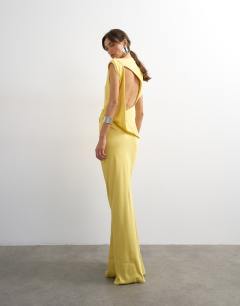 Satin grown on neck tuck side maxi dress with open back in yellow