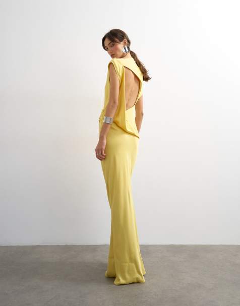 Topshop satin grown on neck tuck side maxi dress with open back in yellow