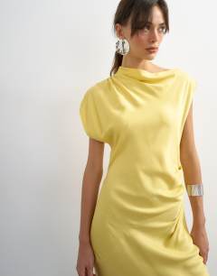 Model wearing Satin grown on neck tuck side maxi dress with open back in yellow
