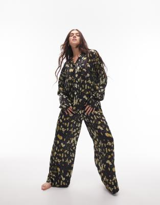 TOPSHOP SATIN GRUNGE ANIMAL PRINT PIPED SHIRT AND PANTS PAJAMA SET IN BLACK