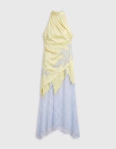 Model wearing Satin halter neck lace hem occasion maxi dress in lime and blue