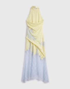 Model wearing Satin halter neck lace hem occasion maxi dress in lime and blue