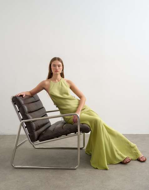 Topshop satin halter neck maxi dress beaded back detail in lime - view 1