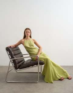 Satin halter neck maxi dress beaded back detail in lime