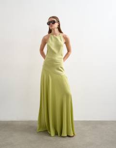 Model wearing Satin halter neck maxi dress beaded back detail in lime