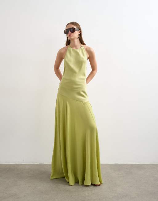 Topshop satin halter neck maxi dress with beaded back detailing in lime, 4 of 4
