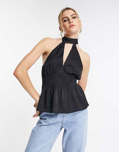 Topshop satin halter top in black - view 1