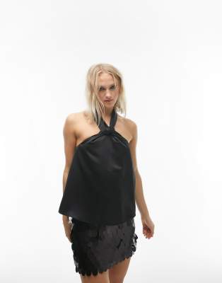 Topshop satin halter top in black