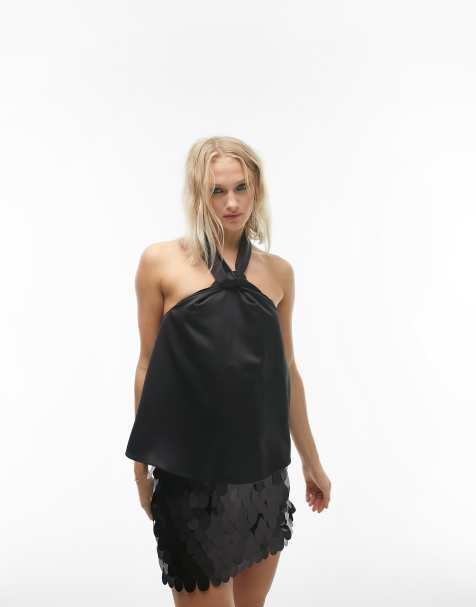 Topshop satin halter top in black - view 1