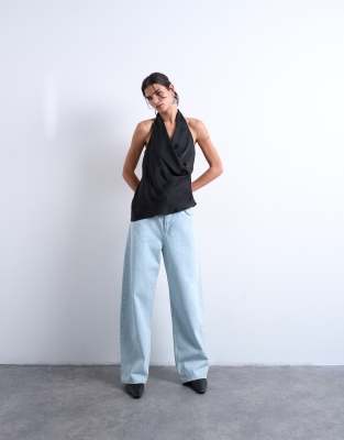 Topshop Satin Halter Top In Black