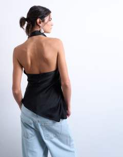 Model wearing Satin halter top in black