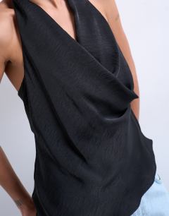 Model wearing Satin halter top in black