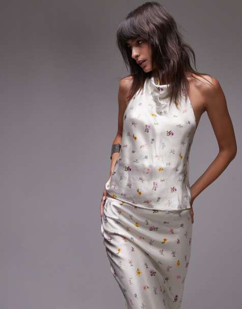 Topshop satin halter top in vintage blurred floral (part of a set) - view 1