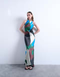 [Topshop] Topshop satin halterneck dress in abstract shape print-Multi 12 MULTI