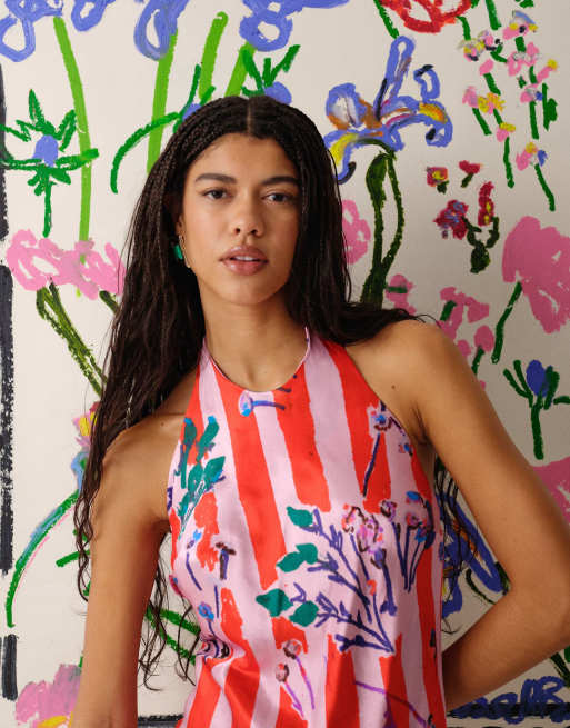 Topshop satin halterneck dress in pink and red bradley stripe dress | ASOS