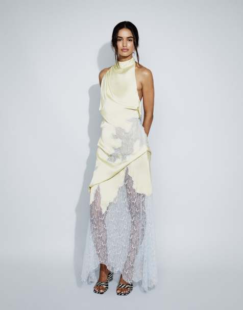 Topshop satin halterneck maxikjole med blondkant til særlige lejligheder i lime og blå - view 1